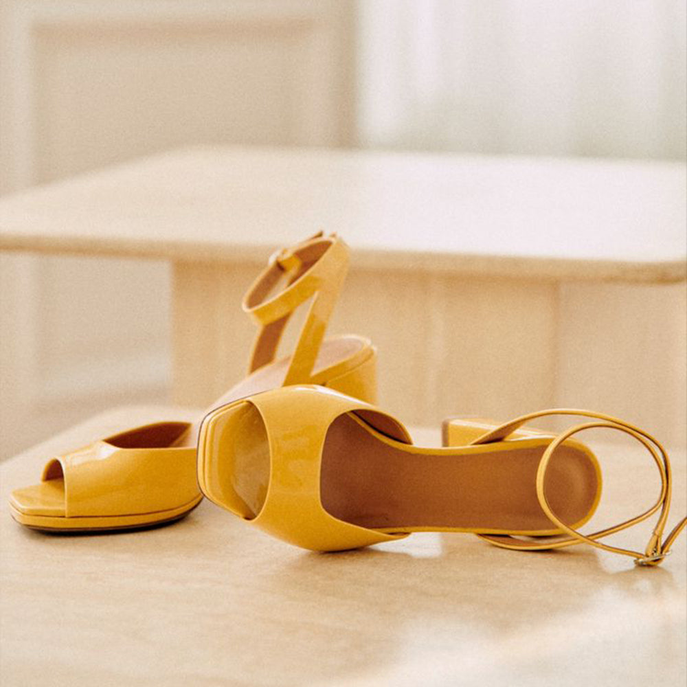 Yellow Square Toe Chunky Heel Strappy Sandals