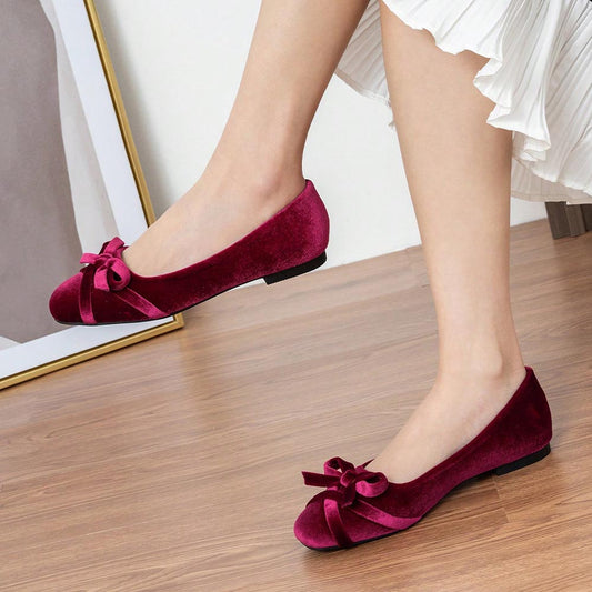 Maroon Velvet Pointed Toe Flats with Bow