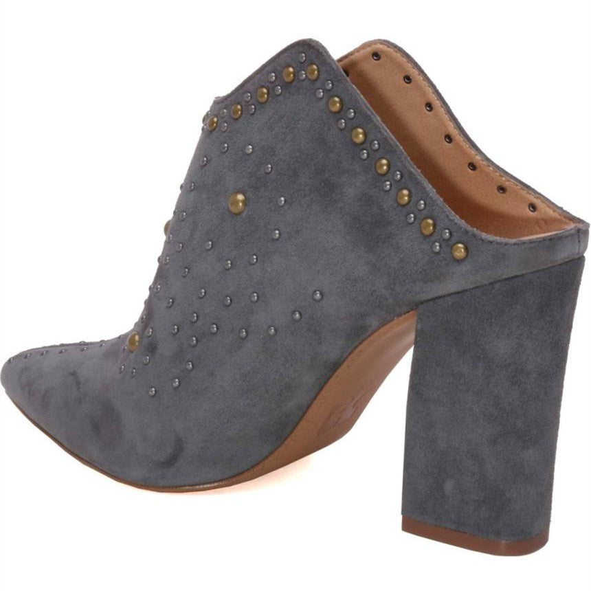 Women's Dark Grey Block Heels Pointed Toe Studded Mules Shoes