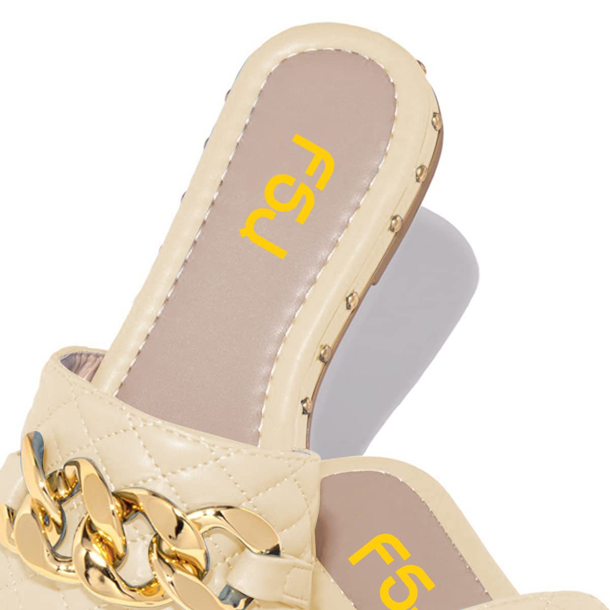 Beige Sewed Flat Mules Square Toe Chain Buckle Stud Slides