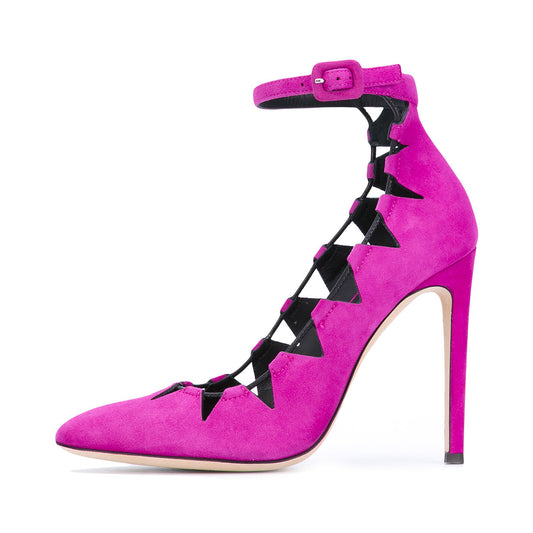 Women's Fuchsia Vegan Suede Hollow-Out Ankle Strap Pumps Heels
