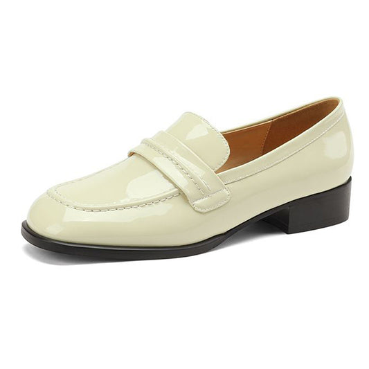 White Patent Leather Closed Toe Chunky Heel Formal Loafers