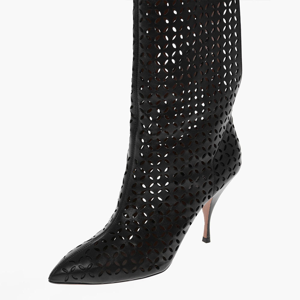 Black Spool Heel Cut-Out Pointed Toe Back Opening Mid Calf Boots