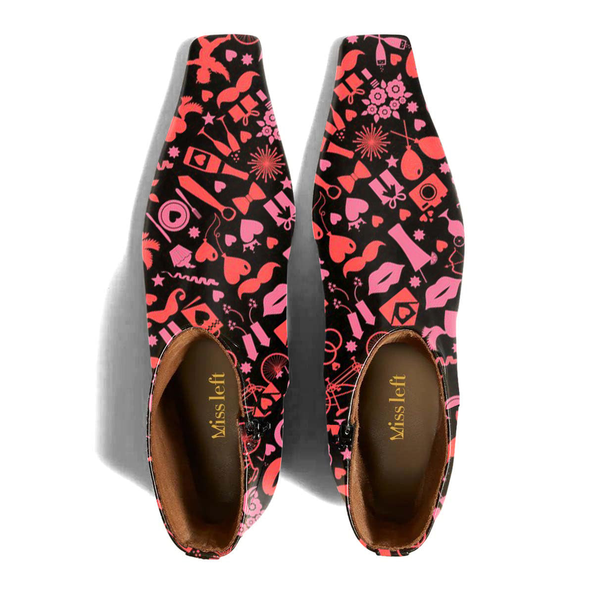 Black & Pink Decorative Printed Square Toe Ankle Boots with Zipper