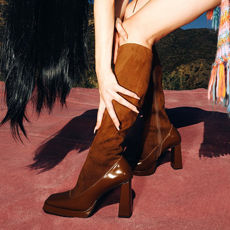 Brown Patchwork Square Toe Chunky Heel Knee High Boots with Platform