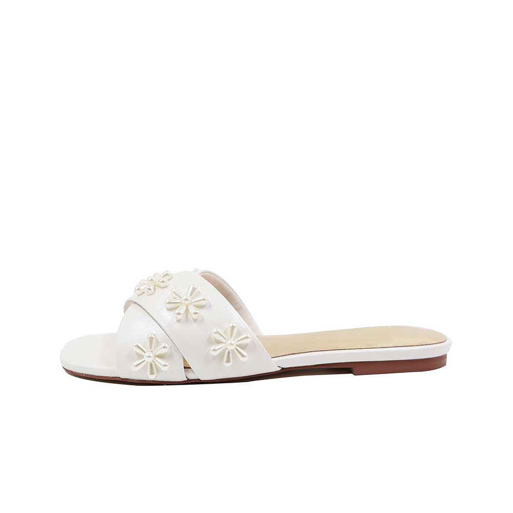 White Satin Square Toe Flat Pearl Inlay Slippers