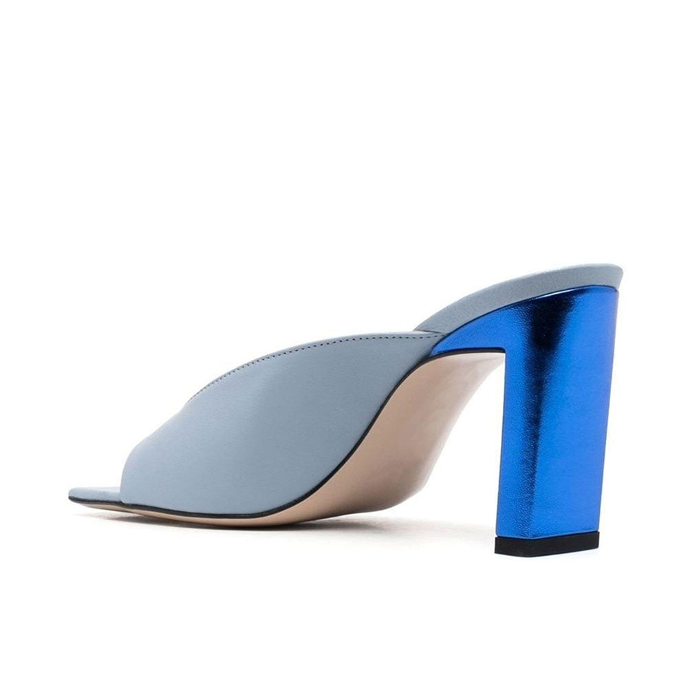 Women's Blue Square Toe Block Heel Mules Shoes