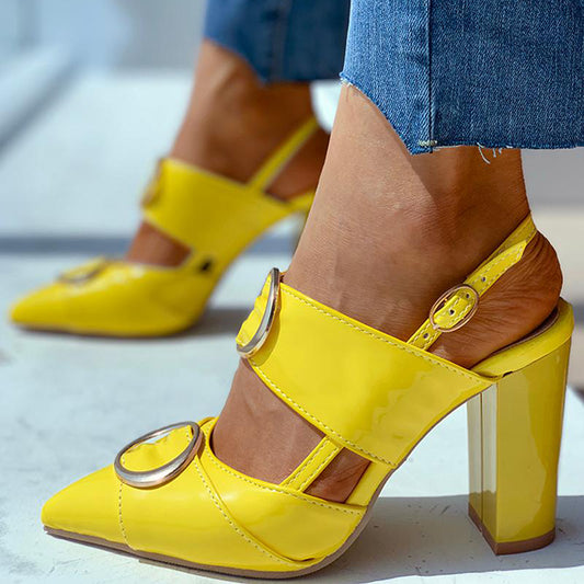 Yellow Patent Leather Double Buckle Slingback Chunky High Heels Shoes