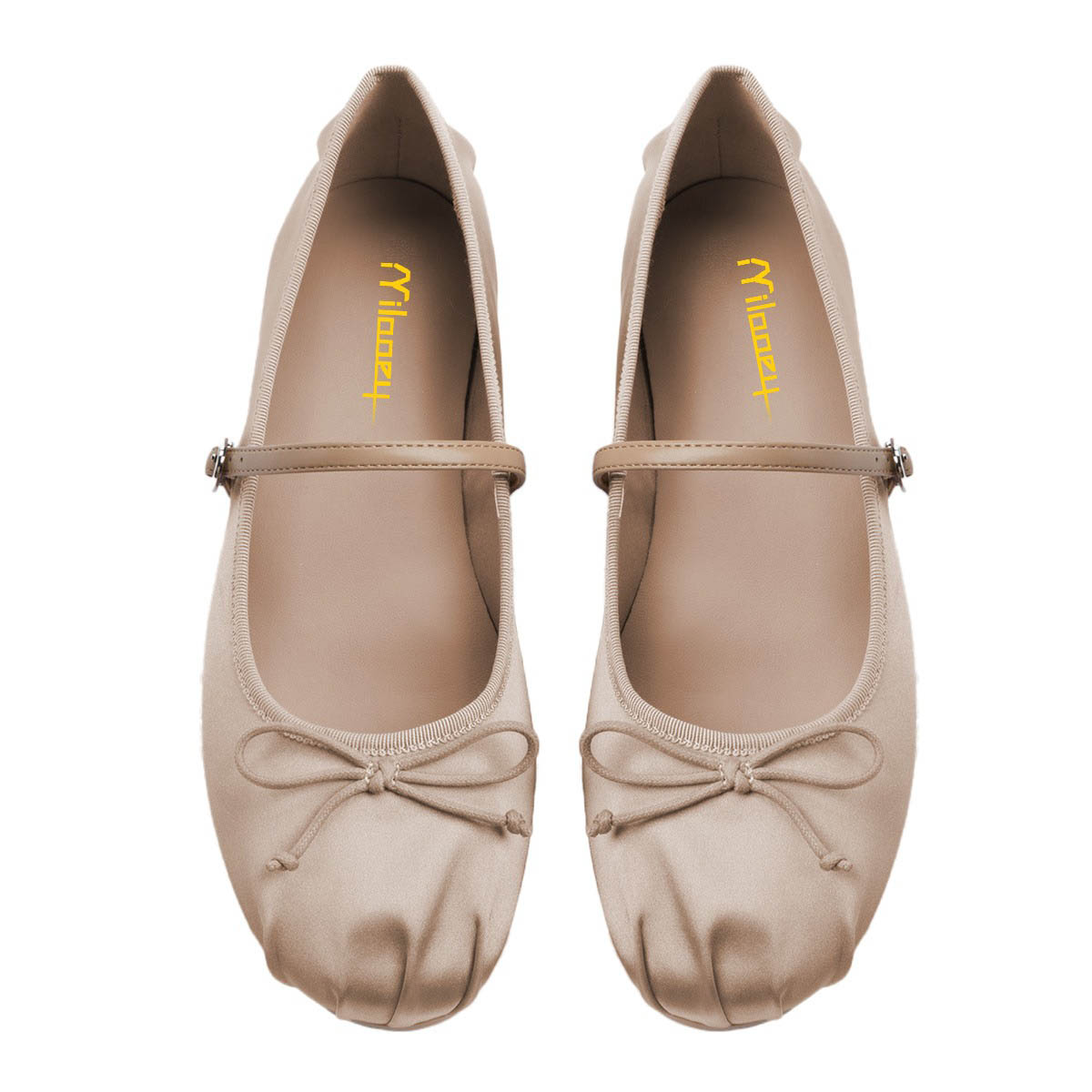 Casual Nude Satin Bow Round Toe Pleated Flats with Buckle Strap