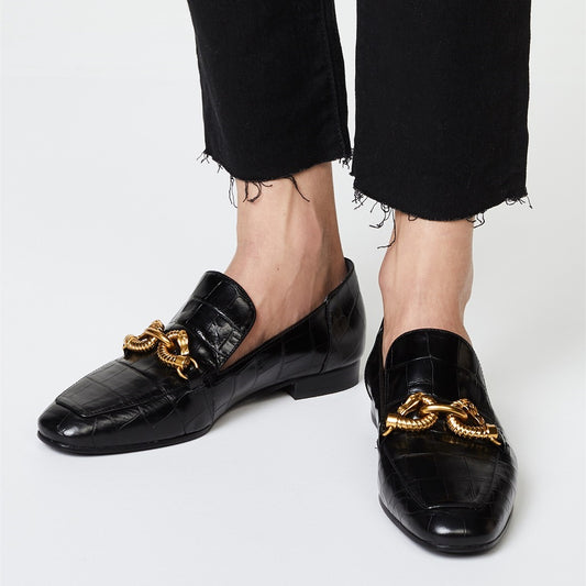 Black Croco Embossed Flats Gold Metal Buckle Loafer Shoes Women