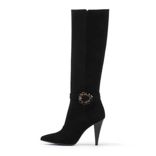 Black Cone Heel Crystal Buckle Strap Vegan Suede Knee High Boots