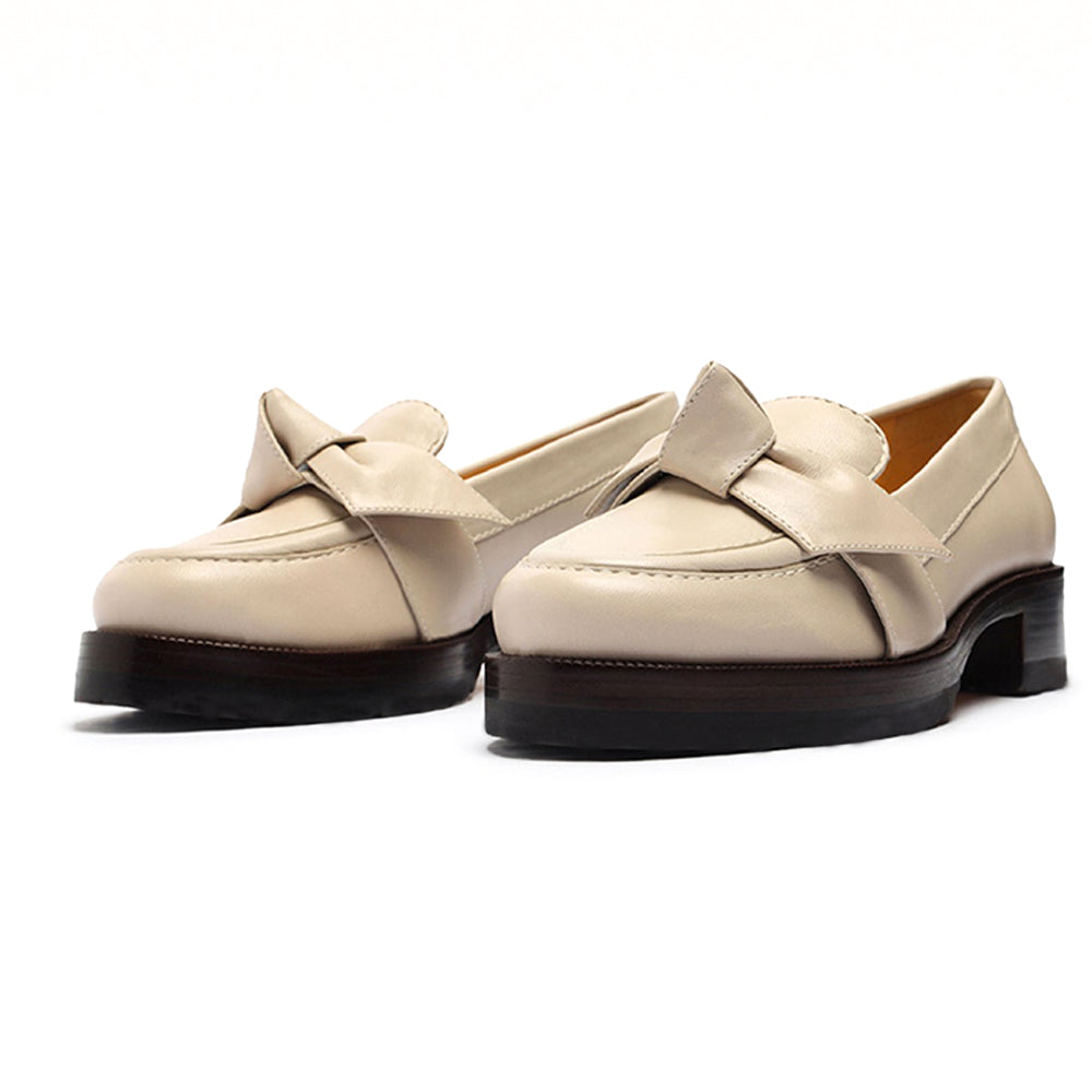 Beige Round Toe Casual Chunky Heel Women's Loafers with Knots