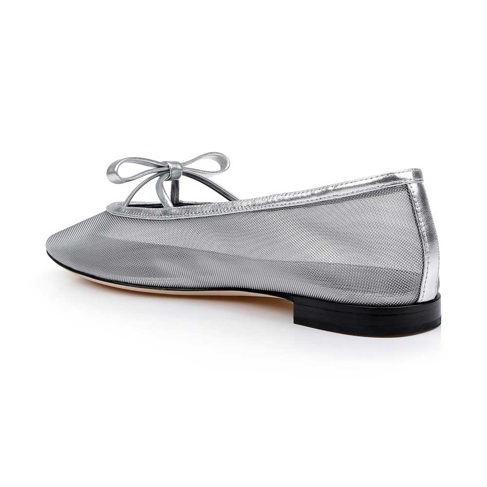 Comfortable Silver Mesh Round Toe Ballet Flats with Bow Decor