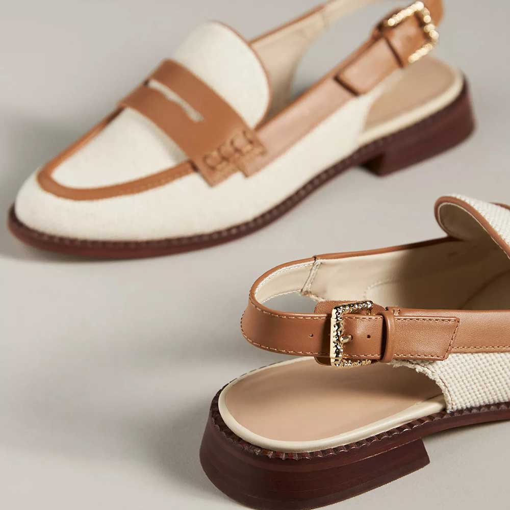 Beige & Brown Round Toe Flat Women's Textile Penny Slingback Loafers