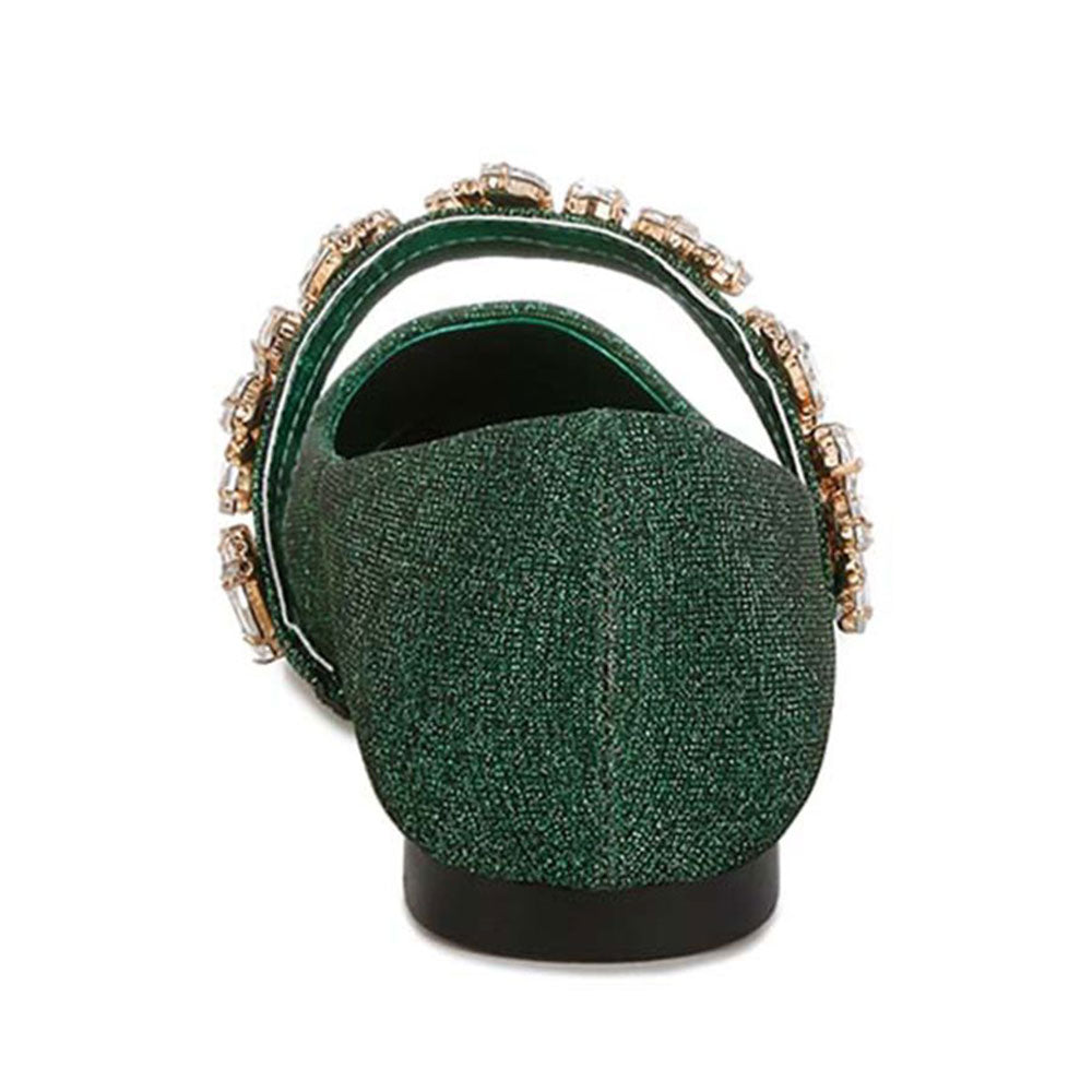 Green Glitter Pointed Toe Rhinestone Ballet Flats with Straps