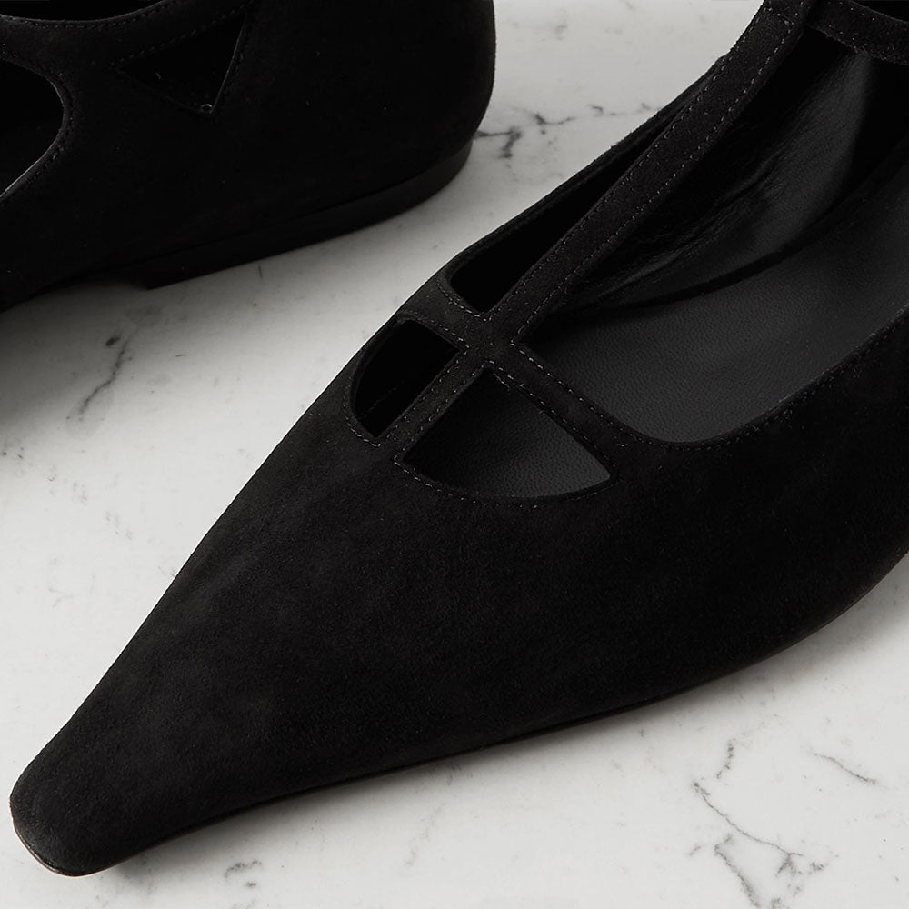 Vegan Suede Pointed Toe Cut Out T-Strap Women's Dress Flats in Black