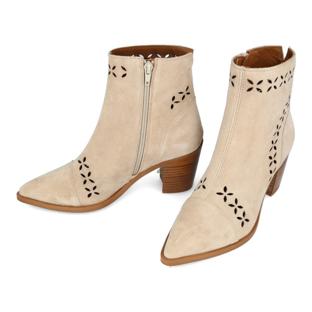 Beige Pointed Toe Chunky Heel Cut Out Ankle Boots