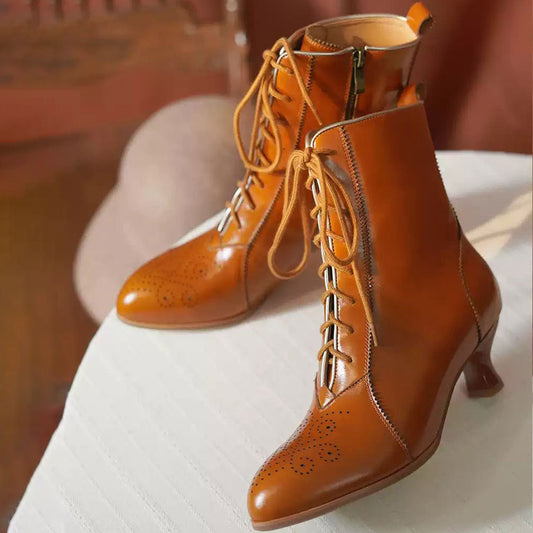 Vintage Brown Round Toe Spool Heel Lace-Up Ankle Boots with Zipper