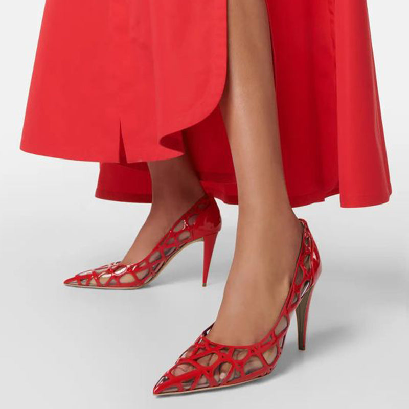 Women's Red Pointed Toe Hollow Out Detail Office Pumps Heels