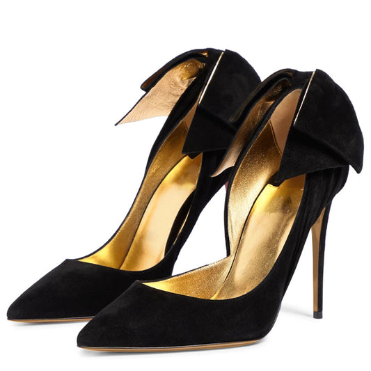 Women's Black Vegan Suede Pointed Toe Pumps Stiletto Bow Heels