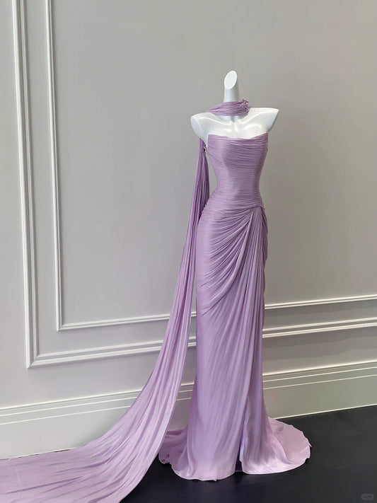 Elegant Purple Fitted Strapless Pleated Satin Long Prom Dress Evening Dress P4097