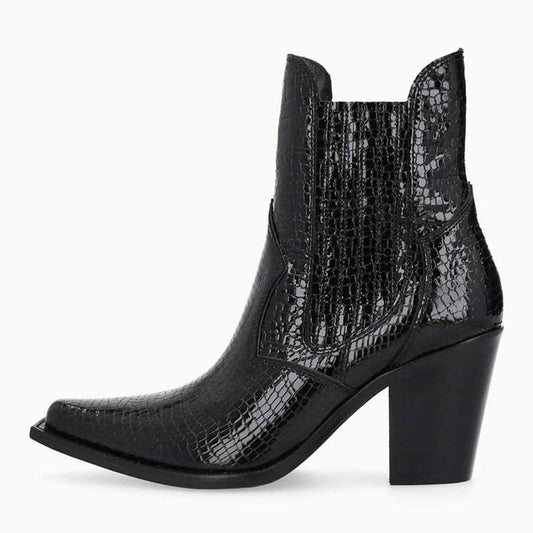 Black Snip Toe Python Embossed Chelsea Western Heeled Ankle Boots