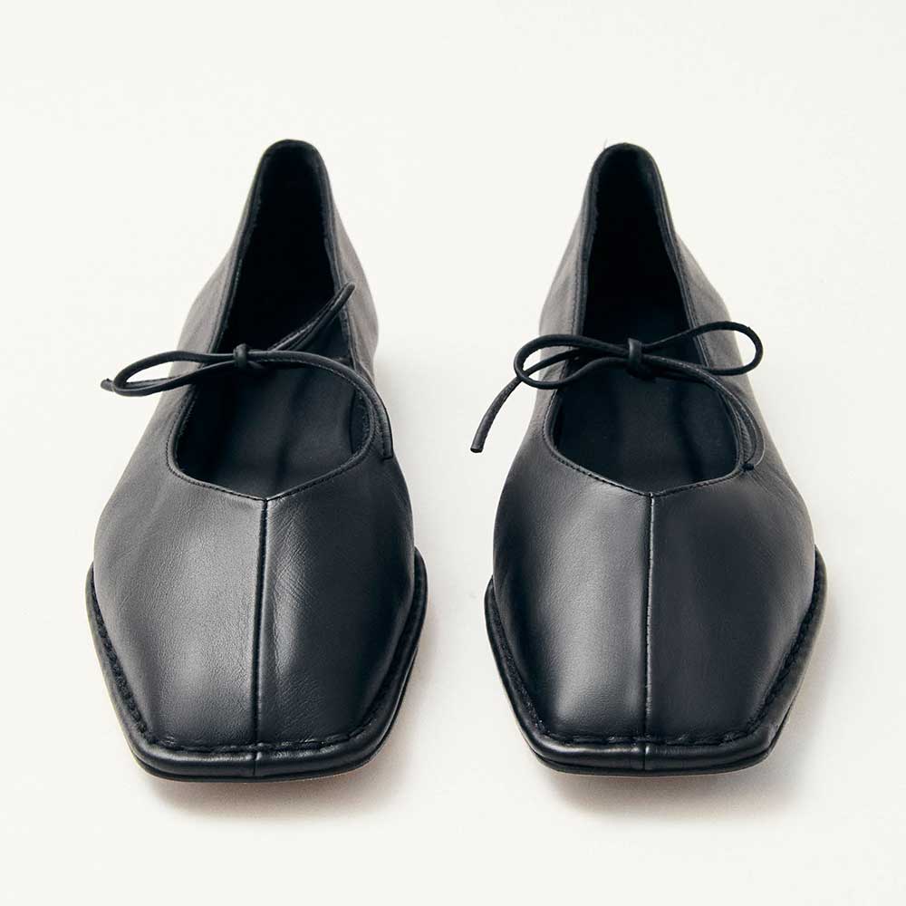 Black Vegan Leather Closed Square Toe Ballet Flats with Bow Straps