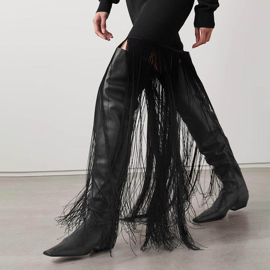 Black Square Toe Low Heel Pull-On Zipper Over the Knee High Boots