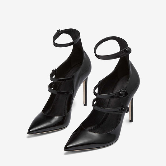 Women's Patent Leather Triple Strap Stilettos Pointed Toe Black Pumps