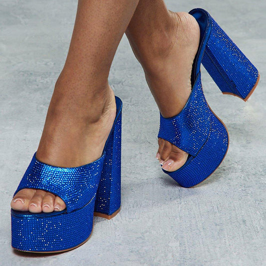 Blue Open-Toe Rhinestone Chunky Heel Mules Sandals with Platform