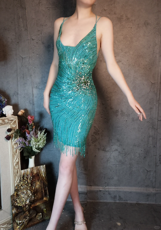Vintage Blue-green Spaghetti Strap Sparkling Beaded Tassel Design Sheath Short Homecoming Dress TP4024