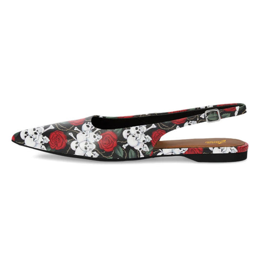 Multicolor Rose and Skull Print Slingback Pointed Toe Flats