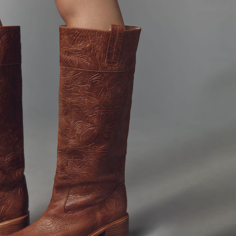 Brown Round Toe Block Heel Flower and Leaves Embossed Knee High Boots