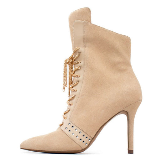 Women's Nude Vegan Suede Pointed Toe Rhinestone Lace Up Ankle Boots