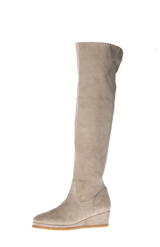 Beige Vegan Suede Wedge Heel Knee High Boots with Platform