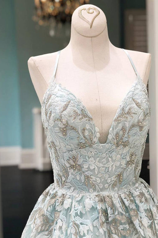 Fablous Ball Gown V Neck Spaghetti Straps Long Prom Dress With Appliques,WP127