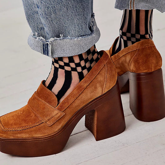 Brown Vegan Suede Slip-On Square Toe Chunky Heel Platform Loafers