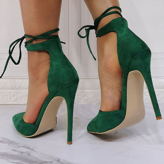 Women's Green Vegan Suede Pointy Toe Stiletto Heels Ankle Strap Pumps