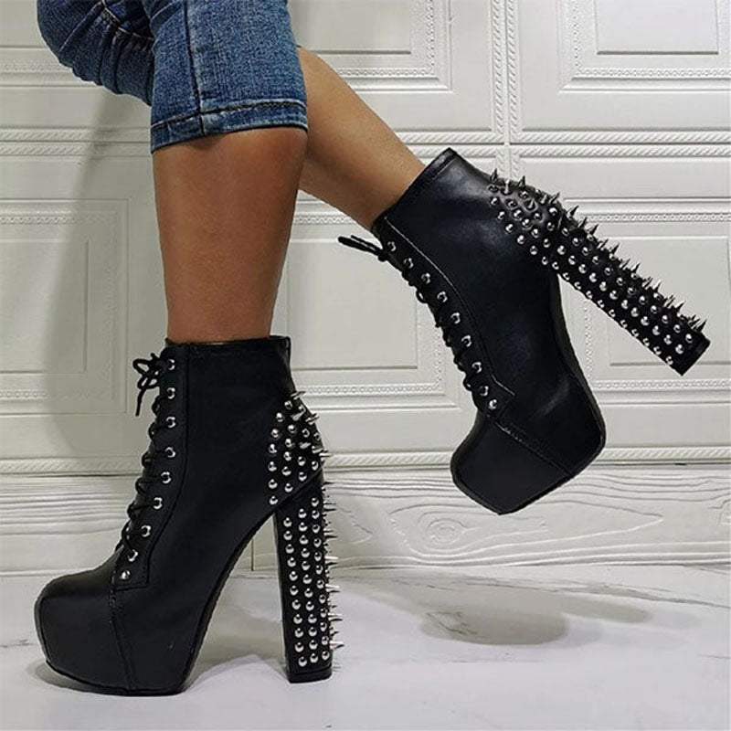 Black Round Toe Platform Shoes Chunky Heel Rivets Ankle Boots