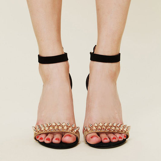 Black and Khaki Ankle Strap Heels Open Toe Rivets Embellished Sandals