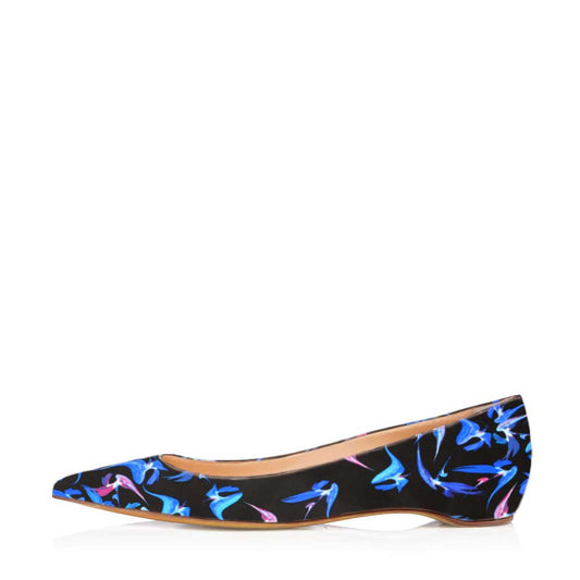 FSJ Women's Black Pointed Toe Flats with Blue Floral Print