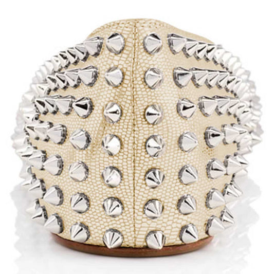 Chic Champagne Lizard Embossed Pointed Toe Flats with Rivets