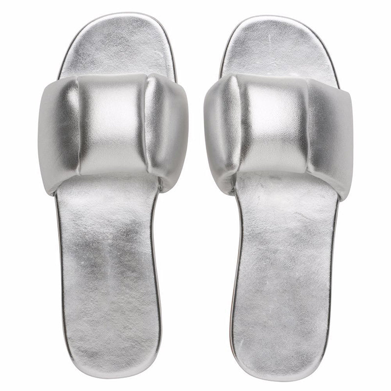 Silver Metallic Padded Slide Sandals Open Toe Flat Shoes for Women
