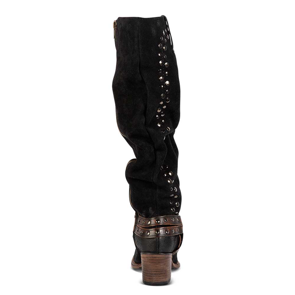 Black Faux Suede Square Toe Chunky Heel Studded Knee High Boots
