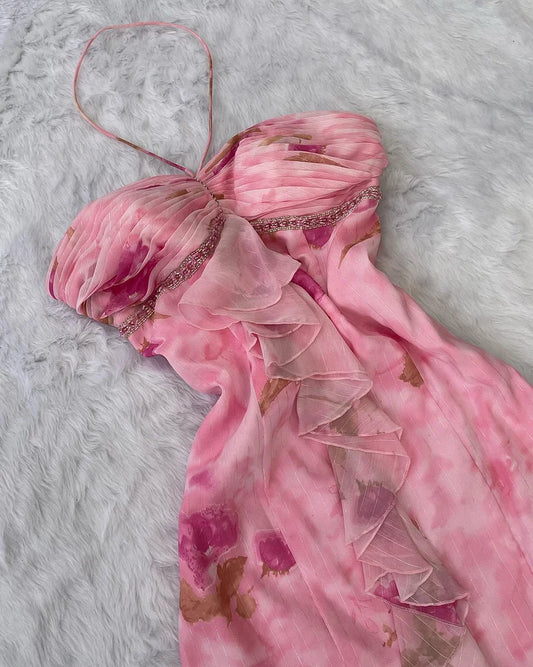 Vintage Pink Floral Prom Dress Sheath Ruffled Evening Dress Halter-neck Formal Dress TP4684