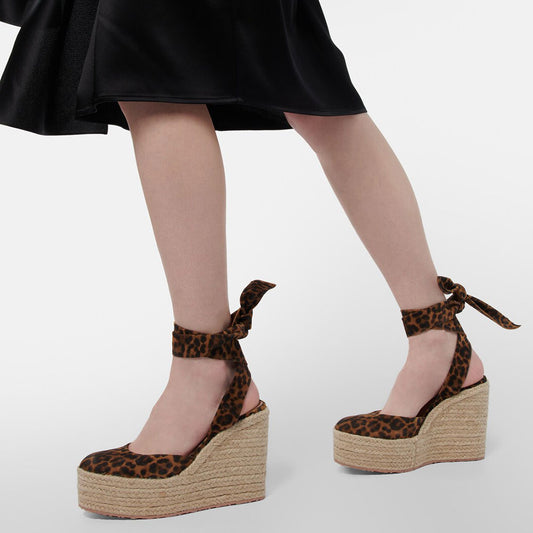 Leopard Print Round Toe Espadrille Wedges Lace Up Platform Sandals