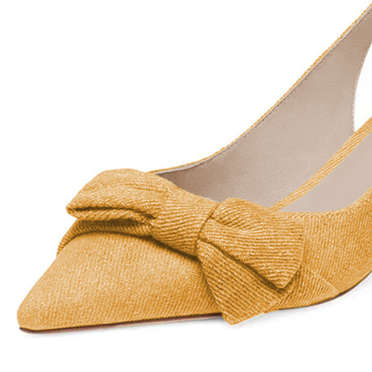 Yellow Fabric Bow Pointed Toe Slingback Pumps with Kitten Heel