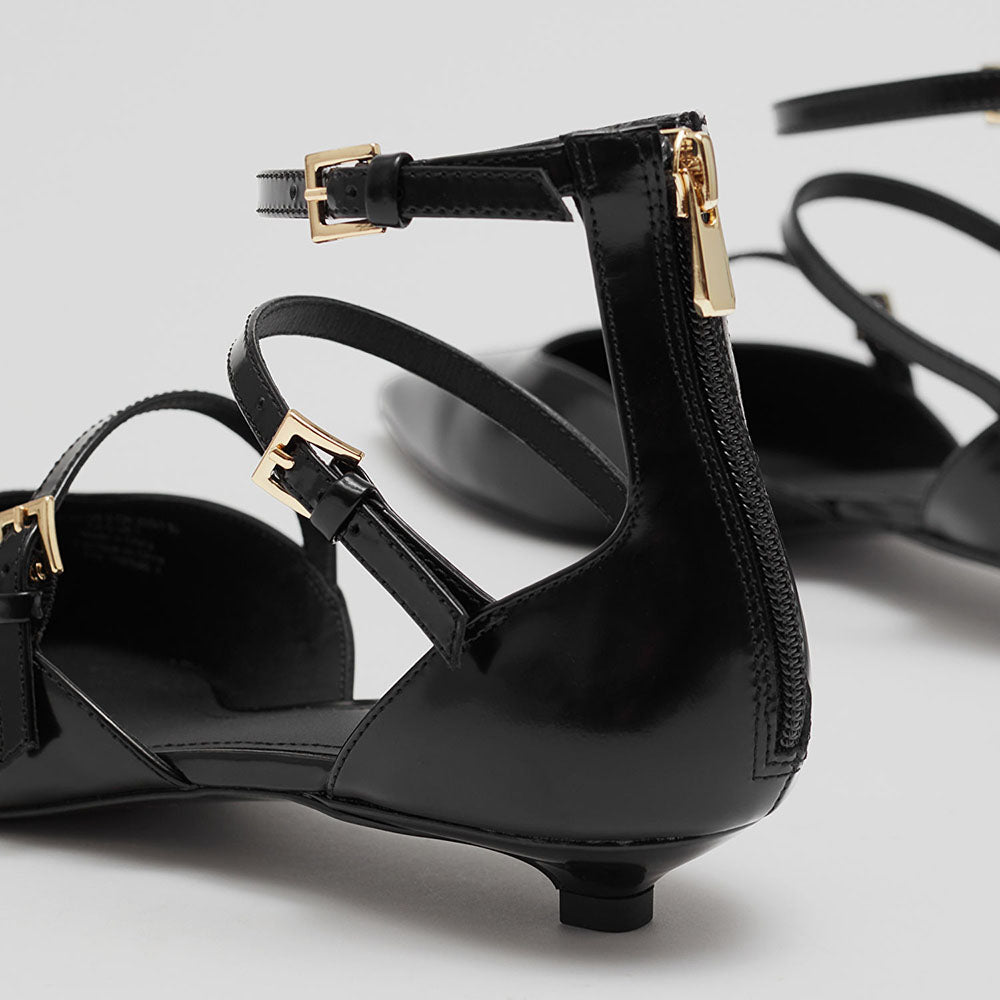 Women's Pointed Toe Buckle Multi-Strap Flat Black Pumps