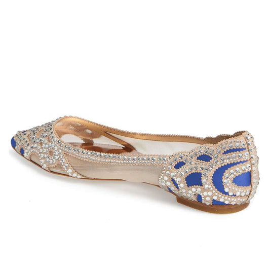 Women's Rhinestone Embellished Mesh Pointed Toe Wedding Flats in Blue