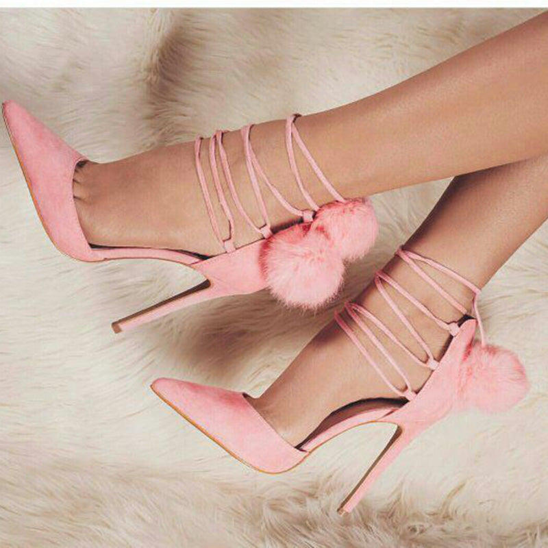 Women's Pink Vegan Suede Pointed Toe Pom Strappy Stiletto Pumps Shoes